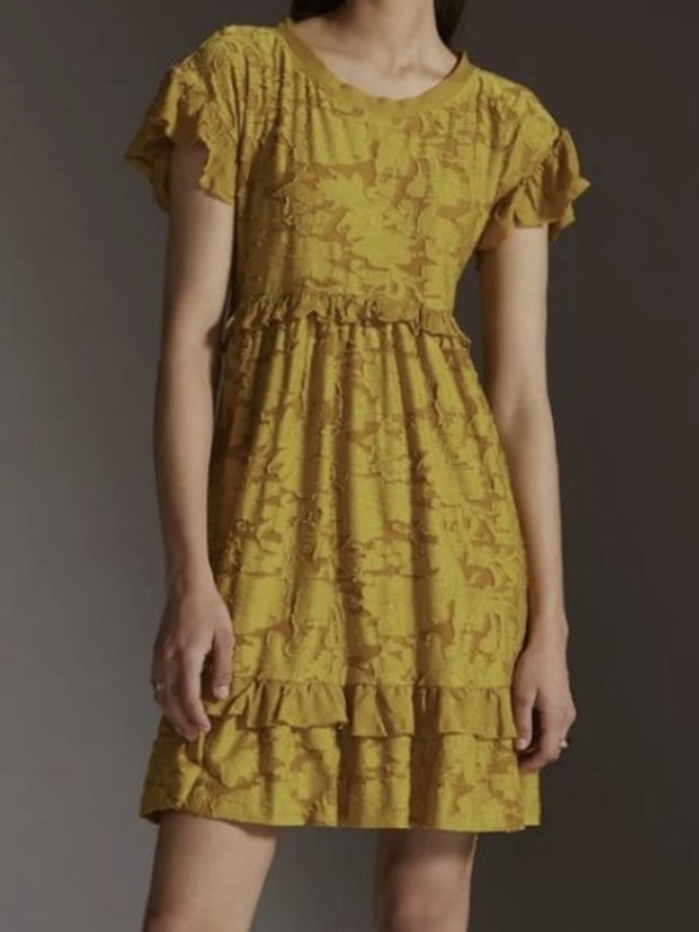 Anthropologie mustard yellow flouncy floral mini tie dress size XS